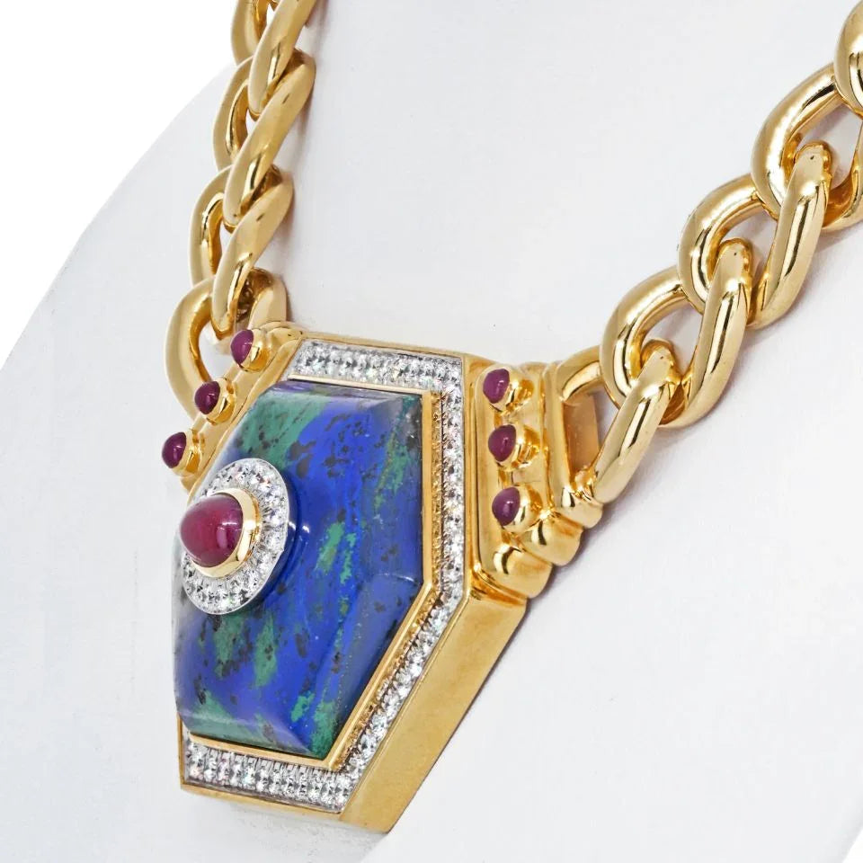 David Webb 18K Yellow Gold Hexagonal-Shaped Azurmalachite Necklace - The Back Vault