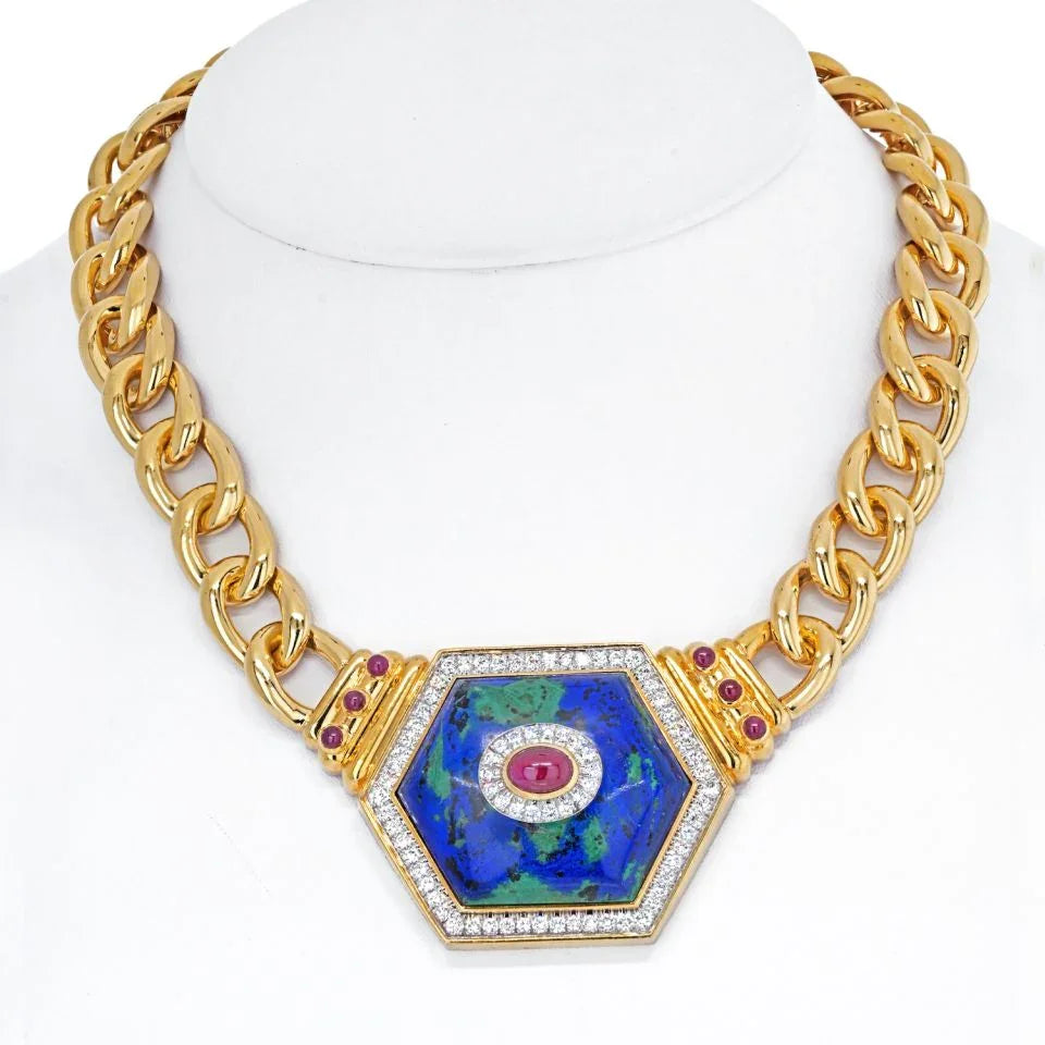 David Webb 18K Yellow Gold Hexagonal-Shaped Azurmalachite Necklace - The Back Vault