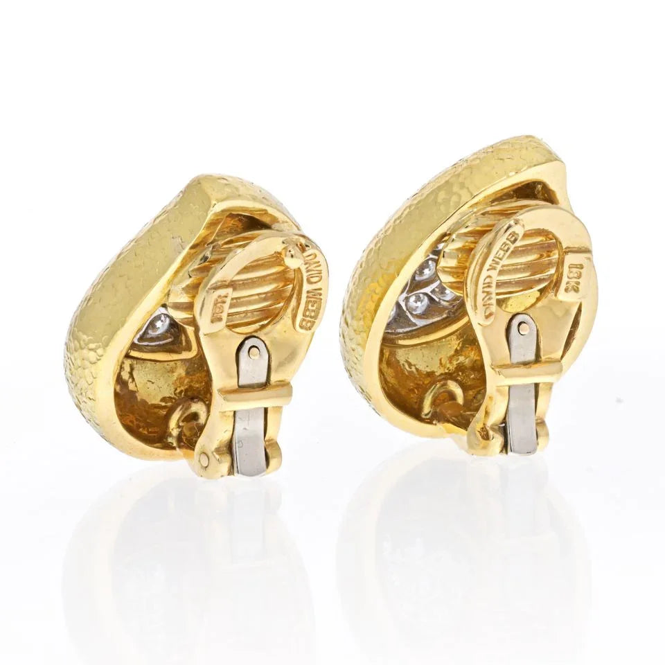 David Webb Platinum & 18K Yellow Gold Hammered Teardrop, Diamond Earrings - The Back Vault