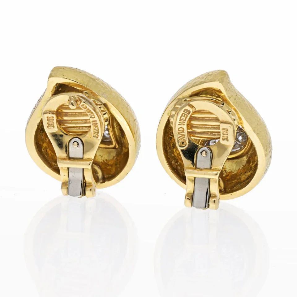 David Webb Platinum & 18K Yellow Gold Hammered Teardrop, Diamond Earrings - The Back Vault