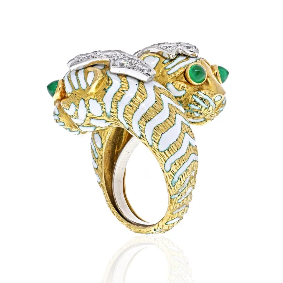 David Webb Platinum & 18K Yellow Gold Crossover Tiger Ring - The Back Vault