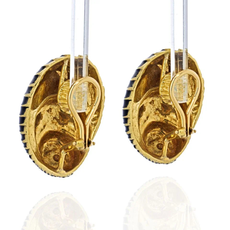 David Webb Platinum & 18K Yellow Gold Black Enamel Seashell Earrings - The Back Vault