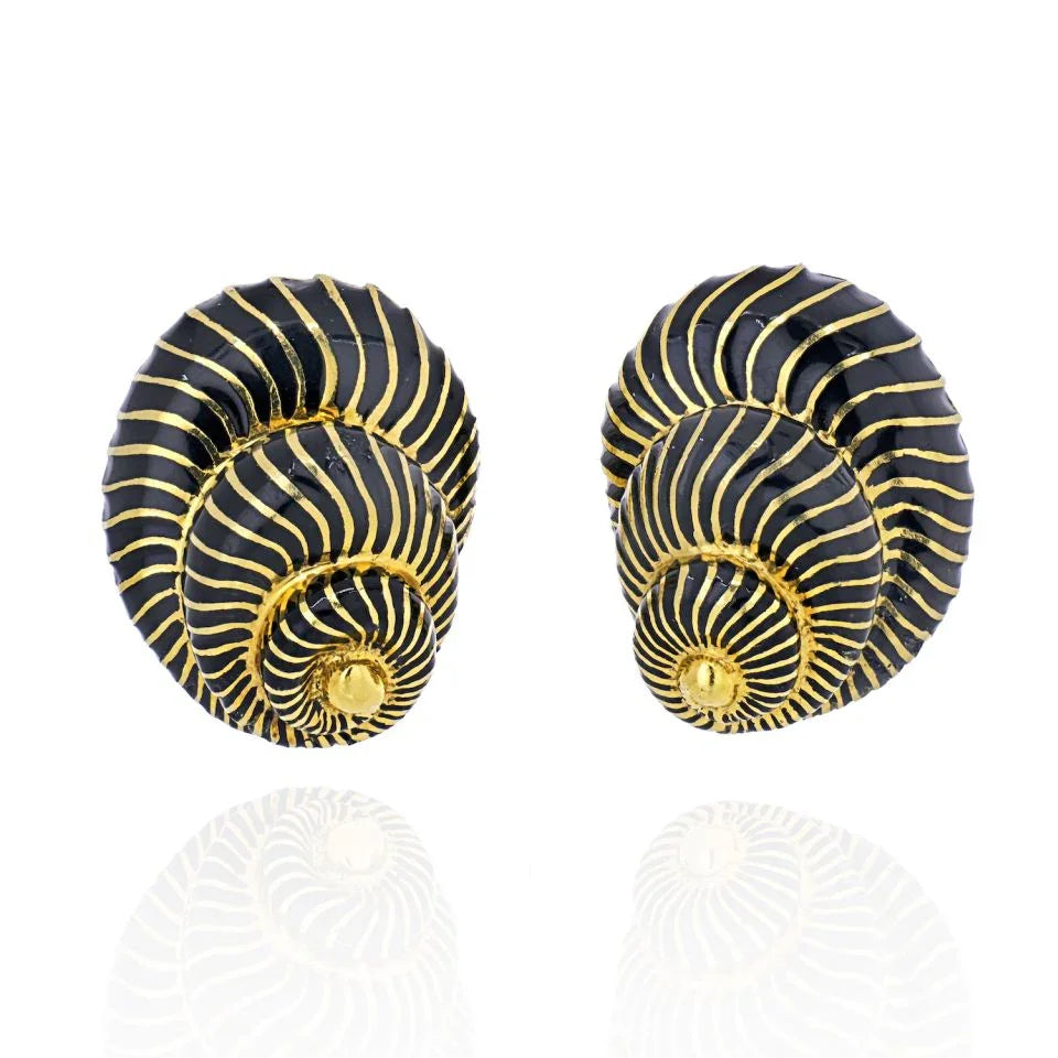 David Webb Platinum & 18K Yellow Gold Black Enamel Seashell Earrings - The Back Vault