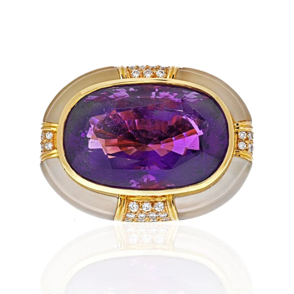 18K Yellow Gold Large Oval Amethyst And Rock Crystal Estate Diamond Ring - The Back Vault