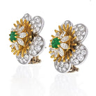 18K Yellow Gold 8 Carat Round Diamond And Green Emerald Flower Earrings - The Back Vault