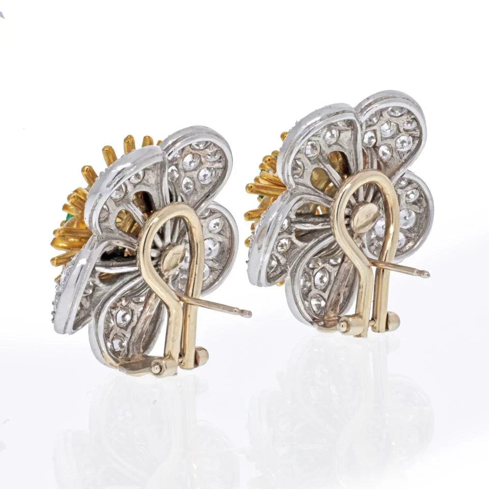 18K Yellow Gold 8 Carat Round Diamond And Green Emerald Flower Earrings - The Back Vault