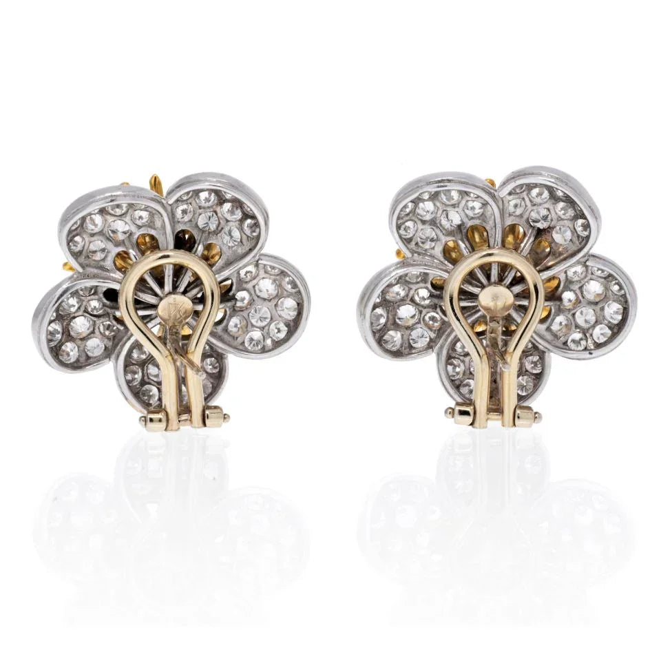 18K Yellow Gold 8 Carat Round Diamond And Green Emerald Flower Earrings - The Back Vault