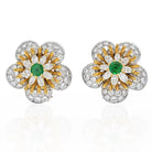 18K Yellow Gold 8 Carat Round Diamond And Green Emerald Flower Earrings - The Back Vault