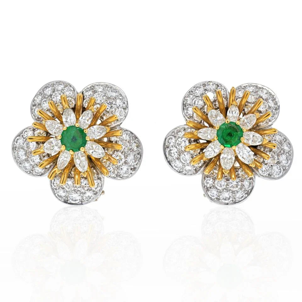 18K Yellow Gold 8 Carat Round Diamond And Green Emerald Flower Earrings - The Back Vault