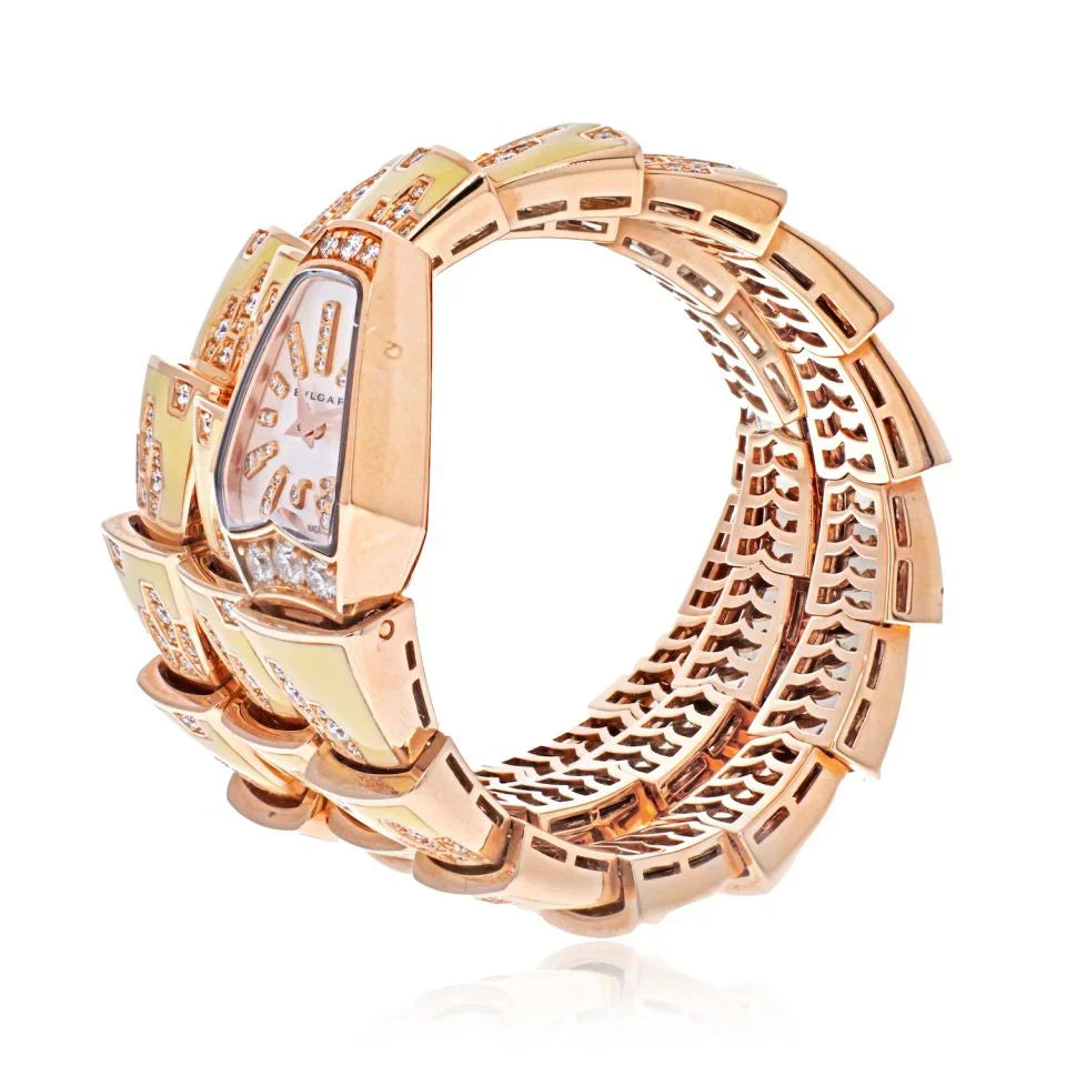 Bvlgari 18K Rose Gold Diamond Mother of Pearl Yellow Gold Serpenti Quartz Women Watch - The Back Vault