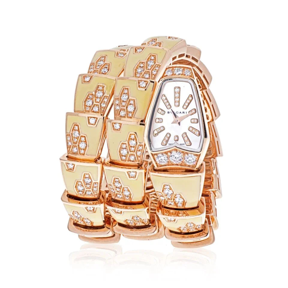 Bvlgari 18K Rose Gold Diamond Mother of Pearl Yellow Gold Serpenti Quartz Women Watch - The Back Vault