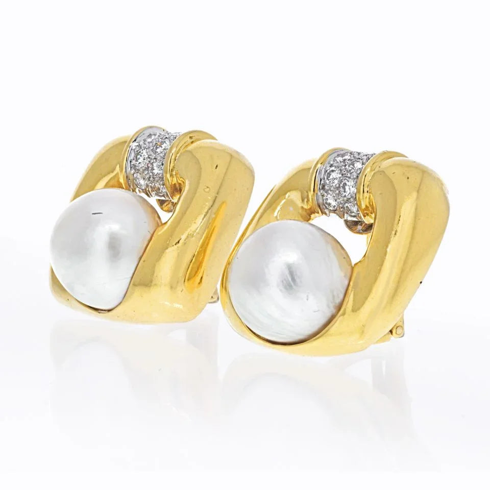David Webb Platinum & 18K Yellow Gold Soft Cushion Shaped Pearl And Diamond Earrings - The Back Vault