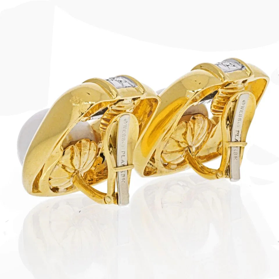 David Webb Platinum & 18K Yellow Gold Soft Cushion Shaped Pearl And Diamond Earrings - The Back Vault