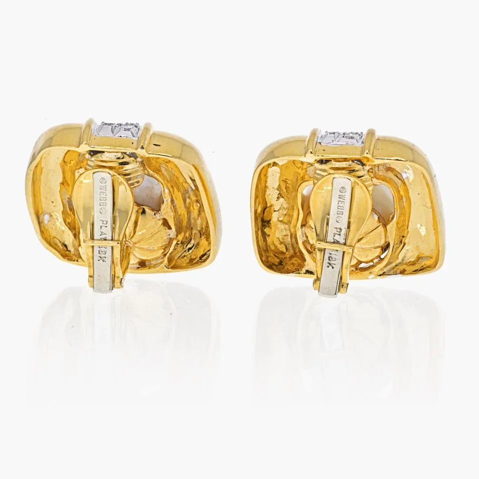 David Webb Platinum & 18K Yellow Gold Soft Cushion Shaped Pearl And Diamond Earrings - The Back Vault