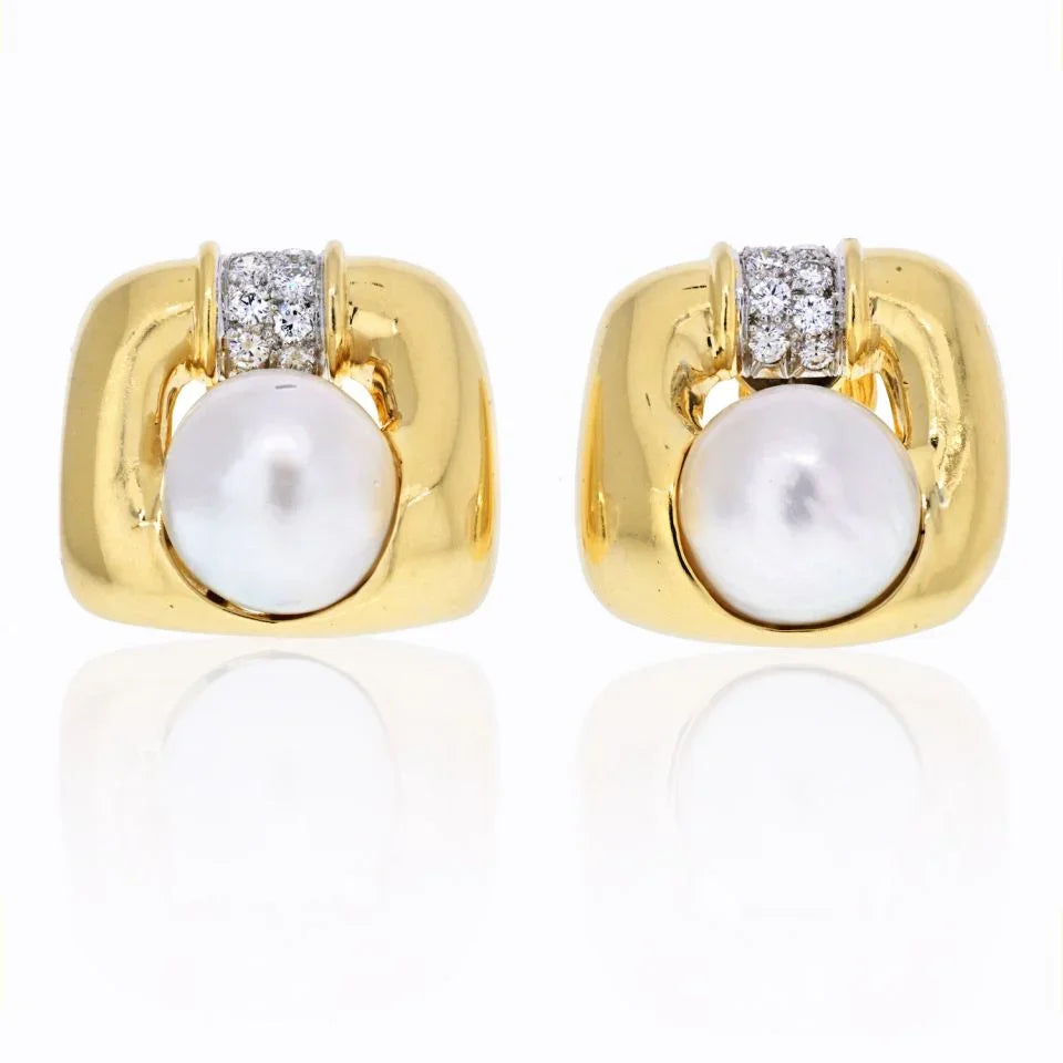 David Webb Platinum & 18K Yellow Gold Soft Cushion Shaped Pearl And Diamond Earrings - The Back Vault