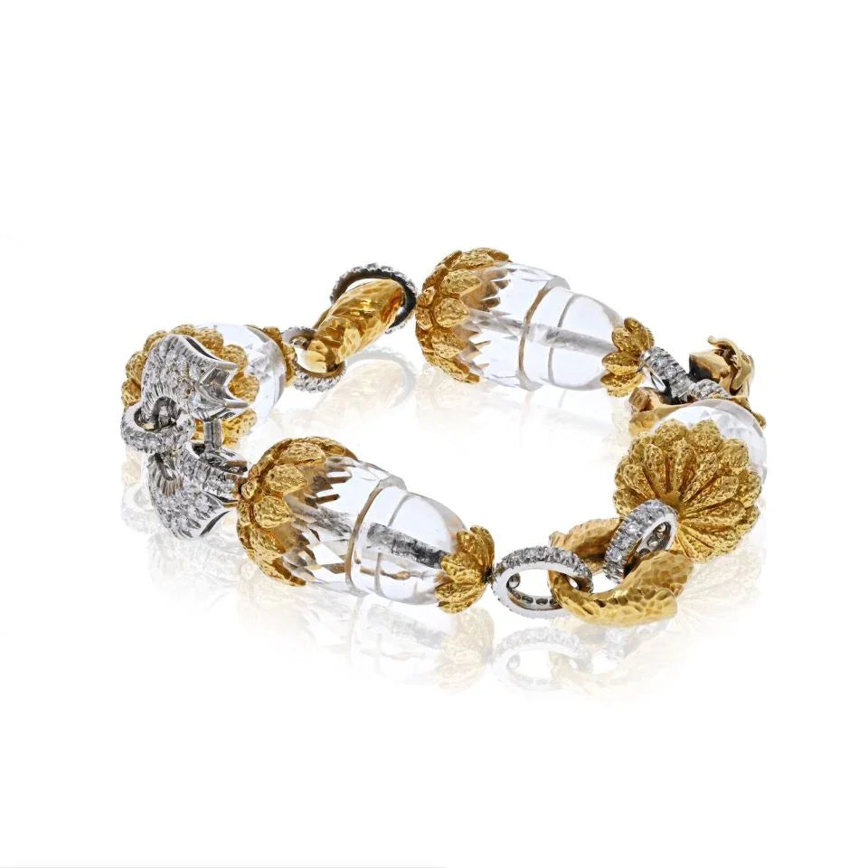 David Webb Platinum & 18K Yellow Gold Rock Crystal and Diamond Stations Bracelet - The Back Vault