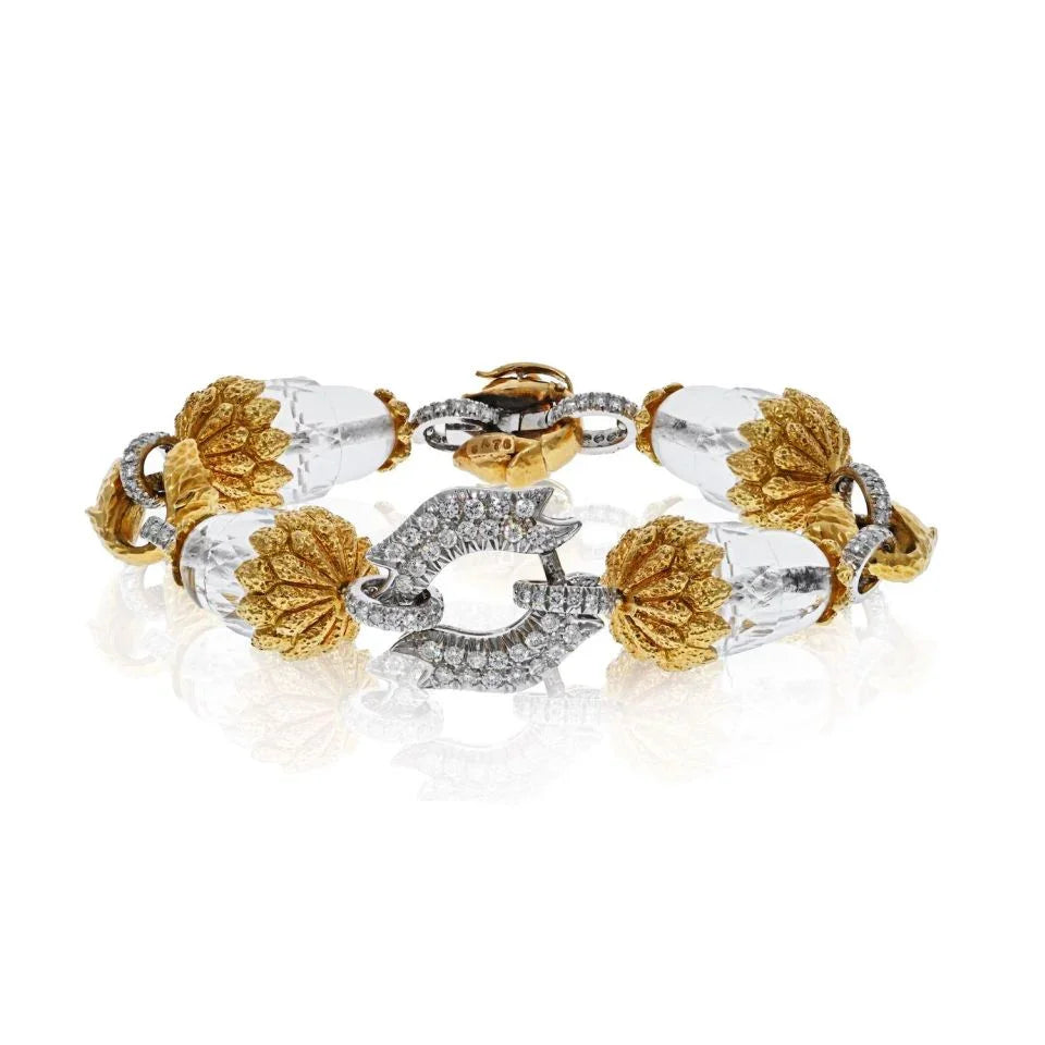 David Webb Platinum & 18K Yellow Gold Rock Crystal and Diamond Stations Bracelet - The Back Vault