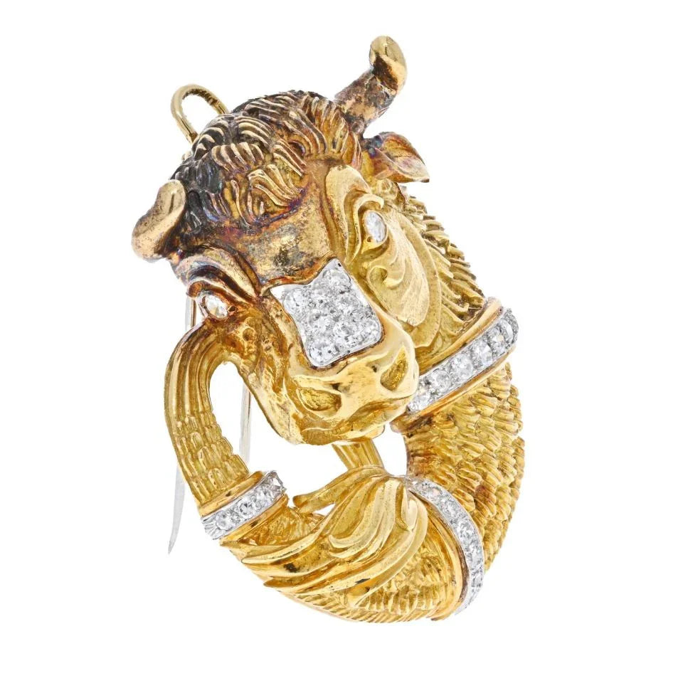 David Webb Platinum & 18K Yellow Gold Taurus Bull Diamond Brooch And Pendant - The Back Vault
