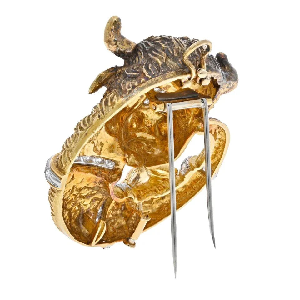 David Webb Platinum & 18K Yellow Gold Taurus Bull Diamond Brooch And Pendant - The Back Vault