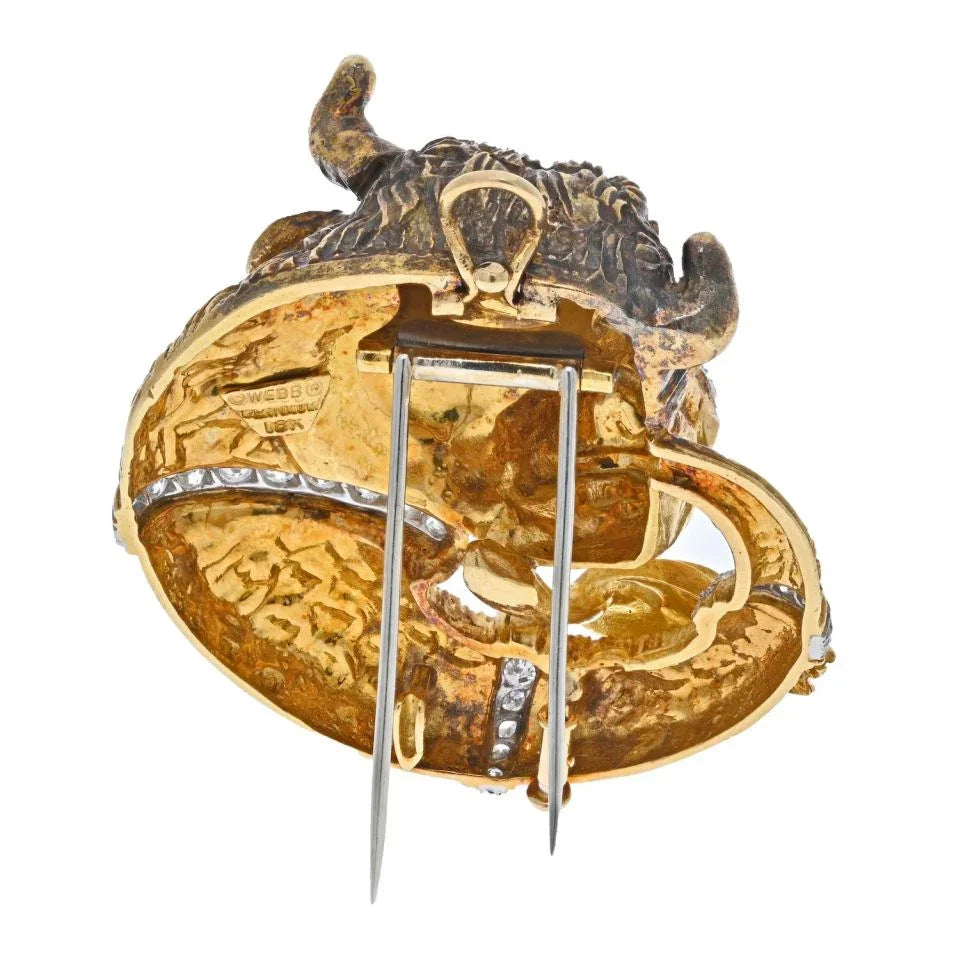 David Webb Platinum & 18K Yellow Gold Taurus Bull Diamond Brooch And Pendant - The Back Vault