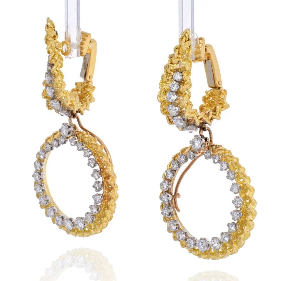 Tiffany & Co. Schlumberger 18K Yellow Gold 1970's Diamond Drop Hoop Textured Earrings - The Back Vault