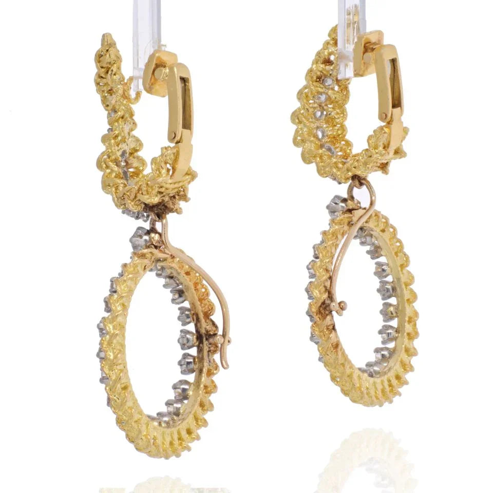 Tiffany & Co. Schlumberger 18K Yellow Gold 1970's Diamond Drop Hoop Textured Earrings - The Back Vault