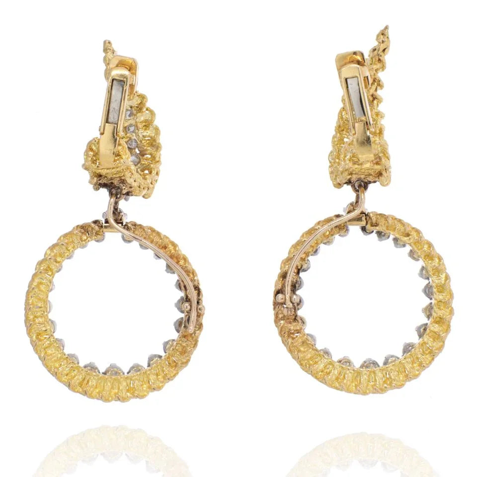 Tiffany & Co. Schlumberger 18K Yellow Gold 1970's Diamond Drop Hoop Textured Earrings - The Back Vault