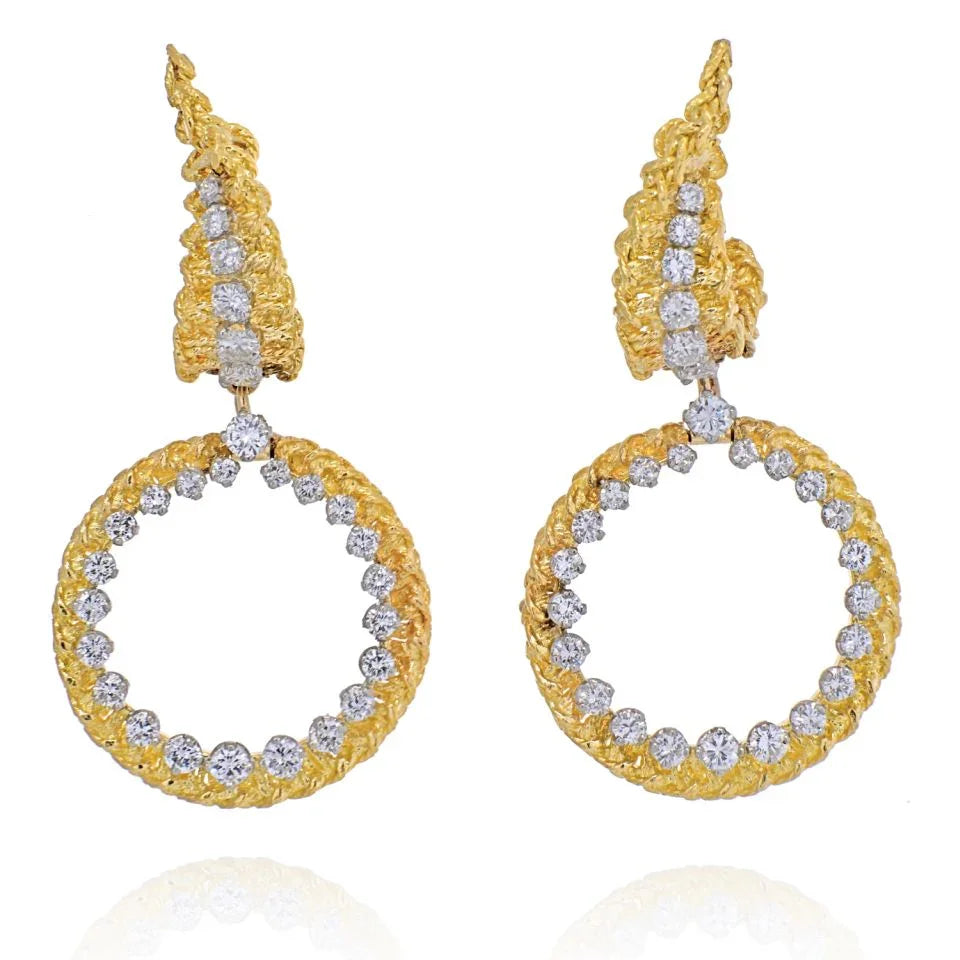 Tiffany & Co. Schlumberger 18K Yellow Gold 1970's Diamond Drop Hoop Textured Earrings - The Back Vault