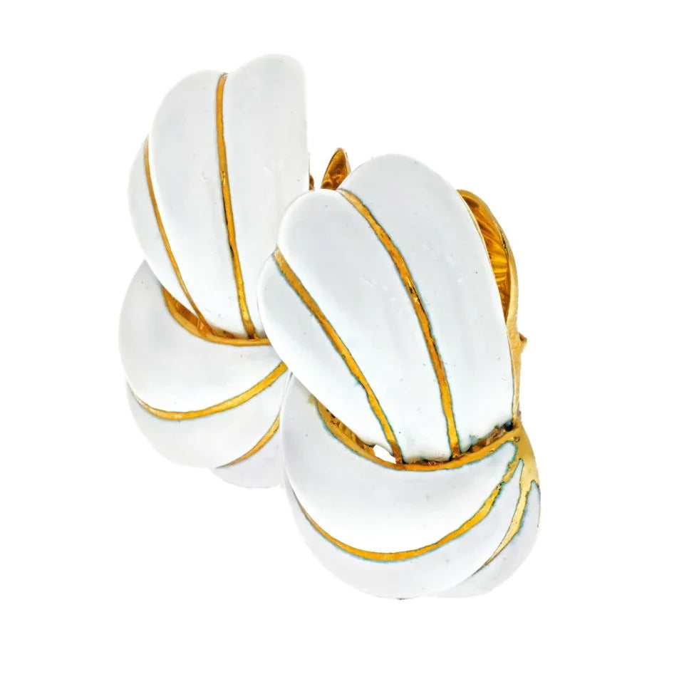 18K Yellow Gold White Enamel Swirl Earrings - The Back Vault