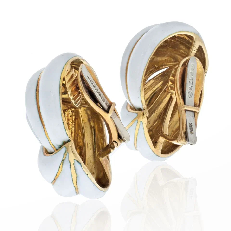 18K Yellow Gold White Enamel Swirl Earrings - The Back Vault