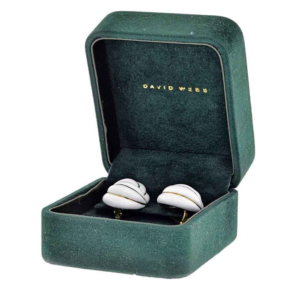 18K Yellow Gold White Enamel Swirl Earrings - The Back Vault