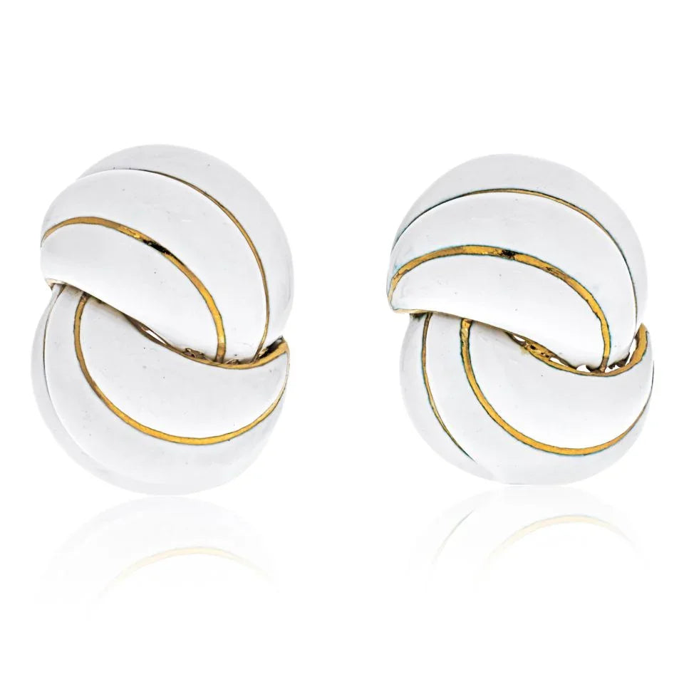 18K Yellow Gold White Enamel Swirl Earrings - The Back Vault