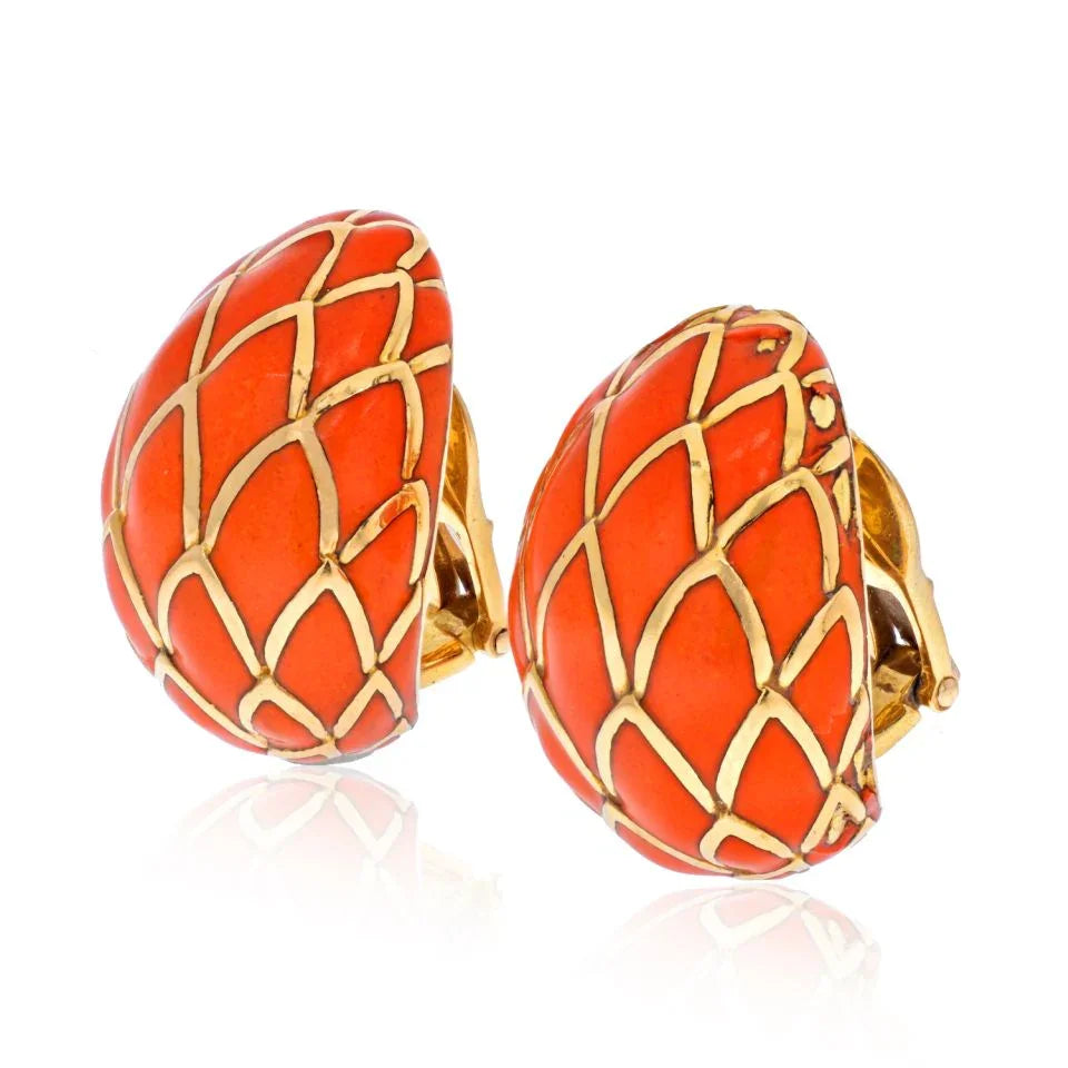 David Webb 18K Yellow Gold Orange Enamel Clip On Earrings - The Back Vault