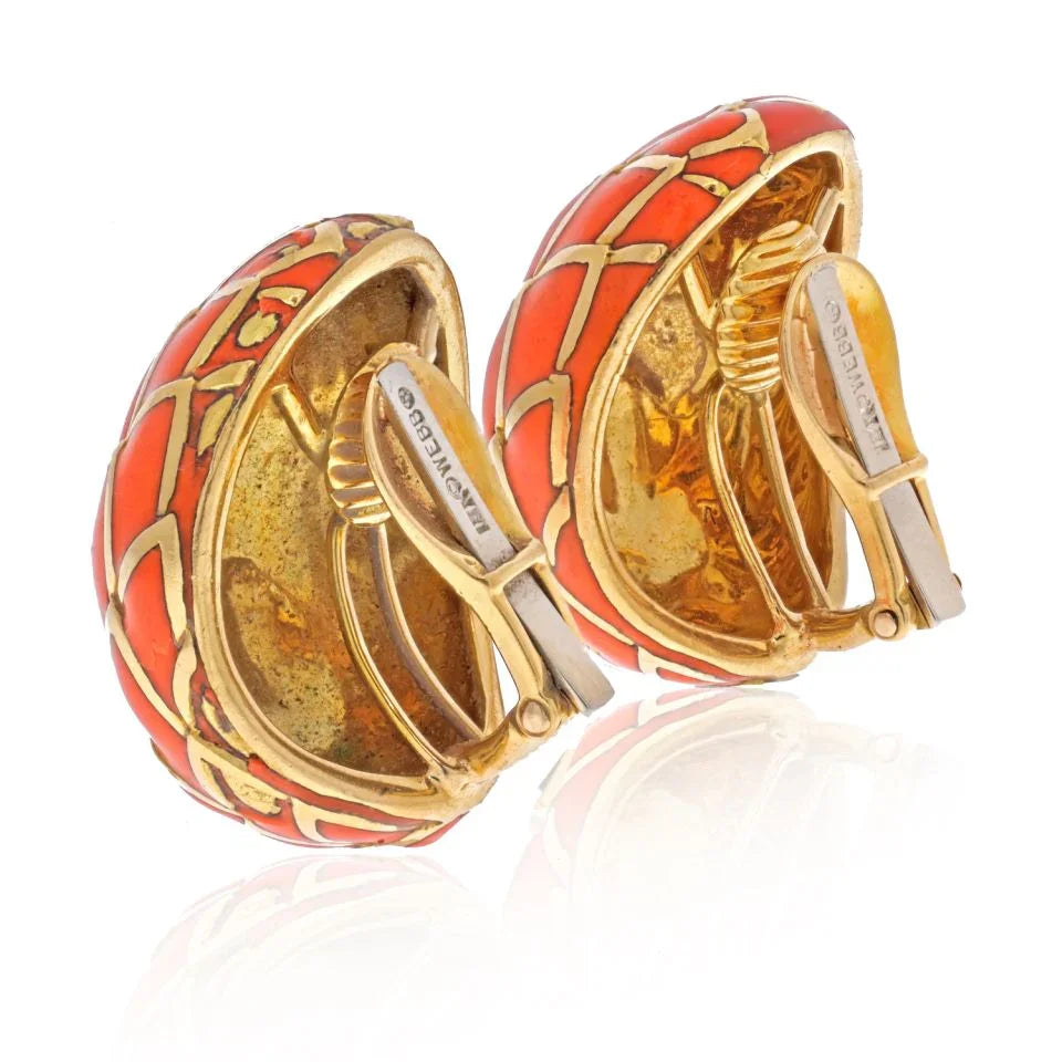David Webb 18K Yellow Gold Orange Enamel Clip On Earrings - The Back Vault