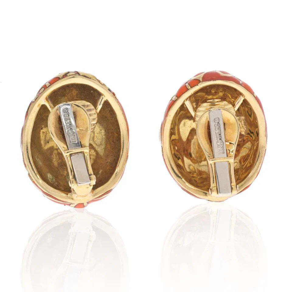 David Webb 18K Yellow Gold Orange Enamel Clip On Earrings - The Back Vault