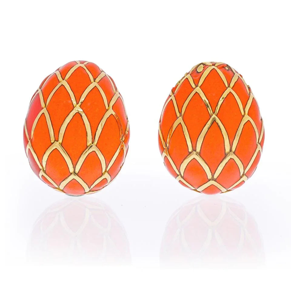 David Webb 18K Yellow Gold Orange Enamel Clip On Earrings - The Back Vault