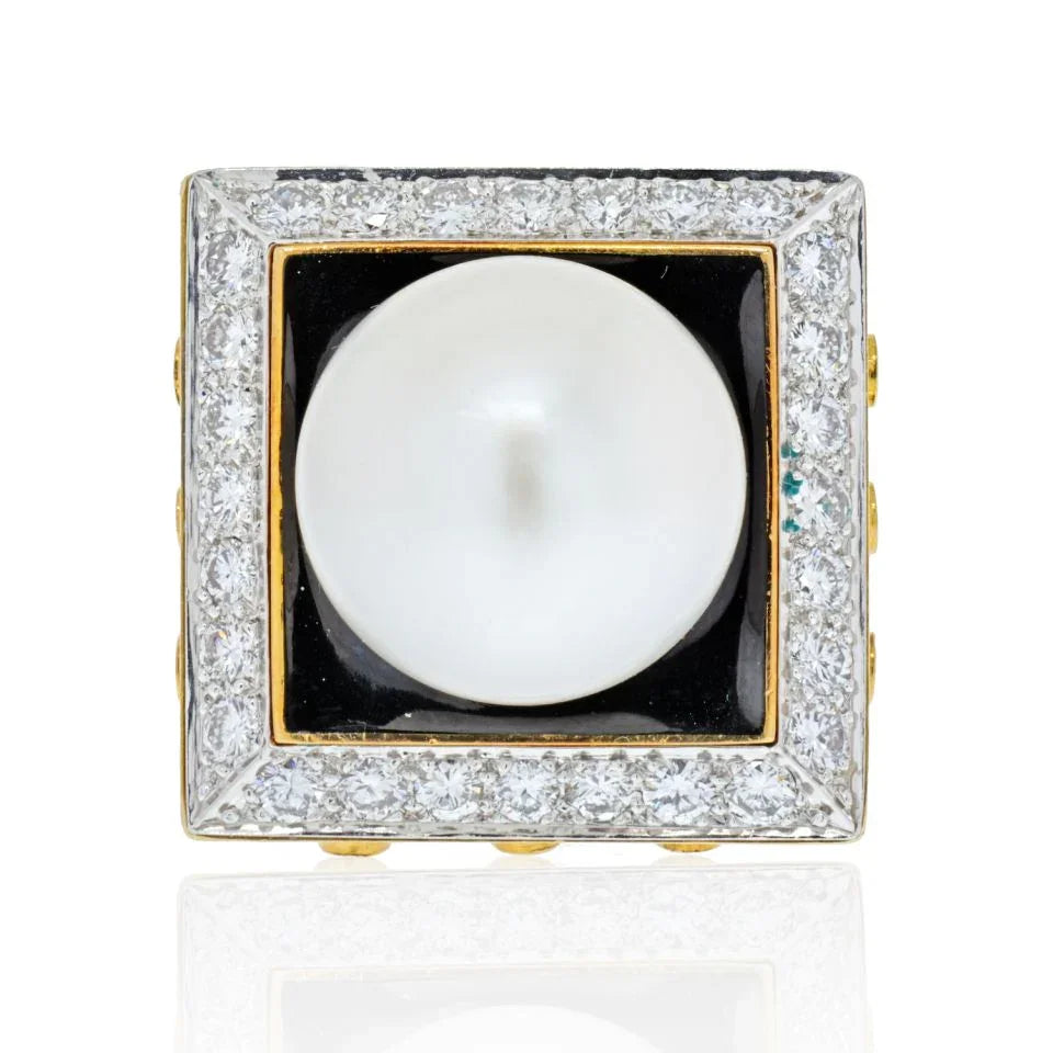David Webb Platinum & 18K Yellow Gold Black Enamel, Pearl And Diamond Ring - The Back Vault