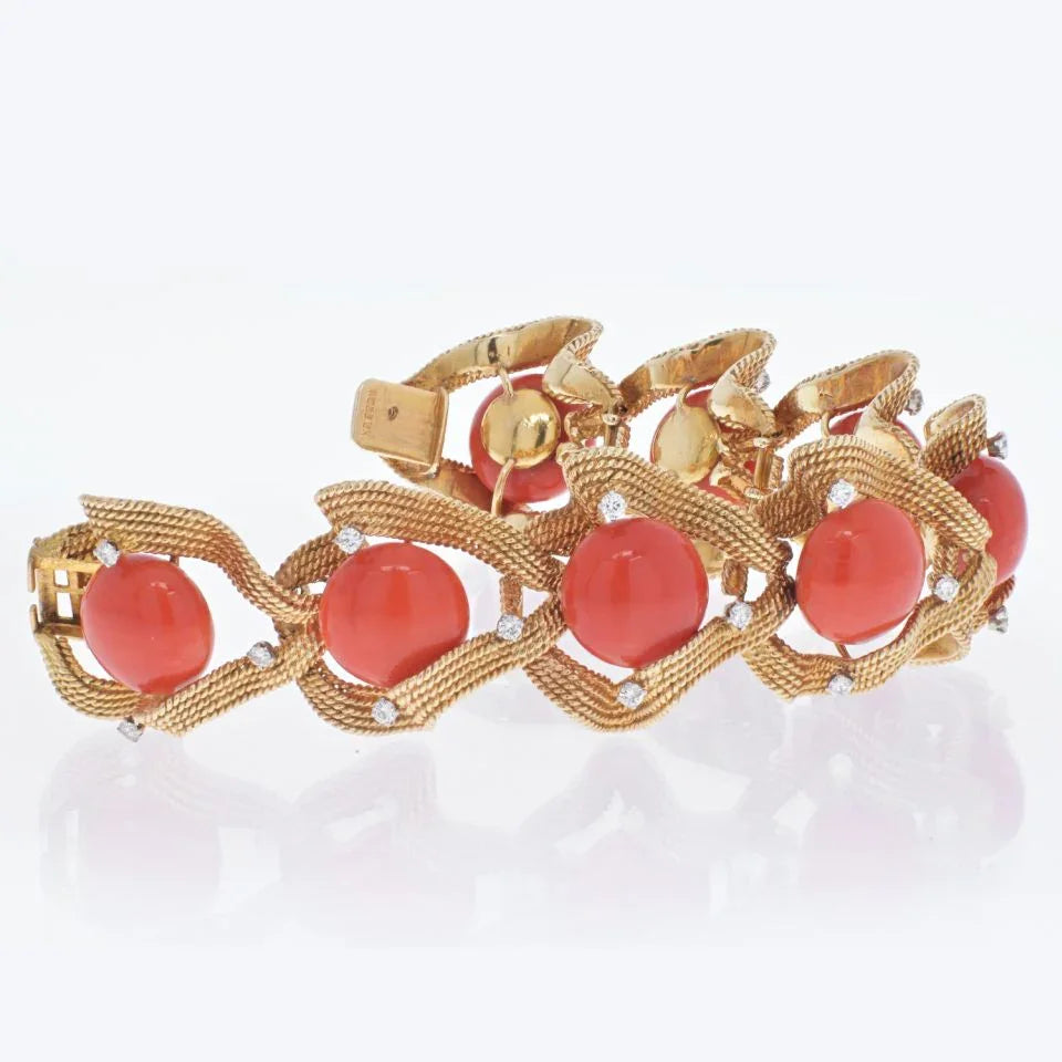 David Webb 18K Yellow Gold Coral And Diamond 1960's Bracelet - The Back Vault