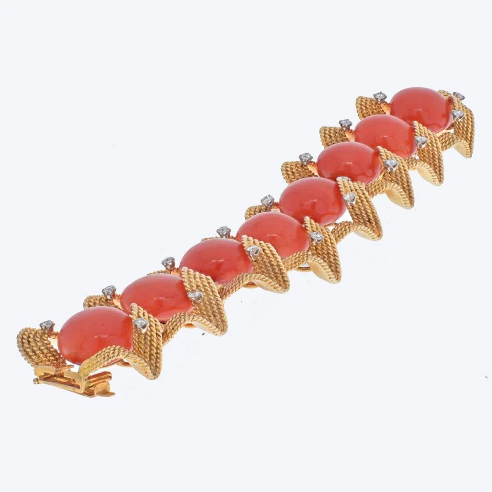 David Webb 18K Yellow Gold Coral And Diamond 1960's Bracelet - The Back Vault