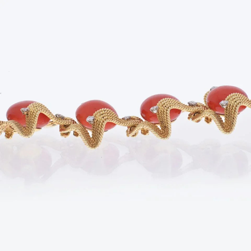 David Webb 18K Yellow Gold Coral And Diamond 1960's Bracelet - The Back Vault