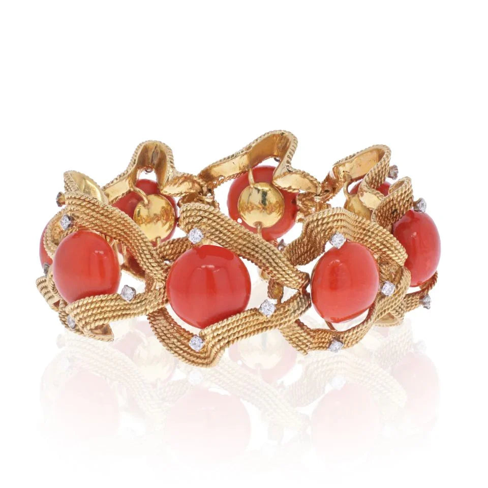 David Webb 18K Yellow Gold Coral And Diamond 1960's Bracelet - The Back Vault