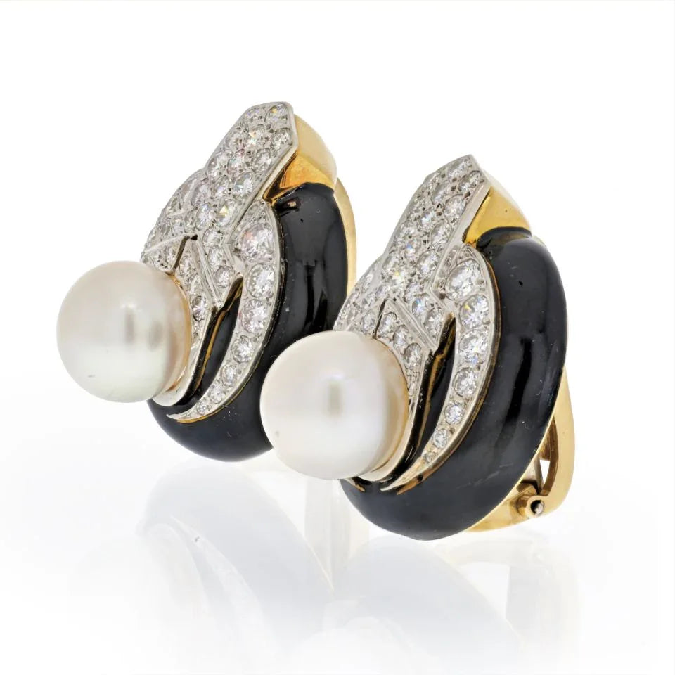 18K Yellow Gold Pearl, Diamond and Black Enamel Clip Earrings - The Back Vault