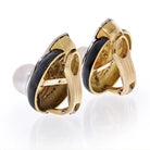 18K Yellow Gold Pearl, Diamond and Black Enamel Clip Earrings - The Back Vault