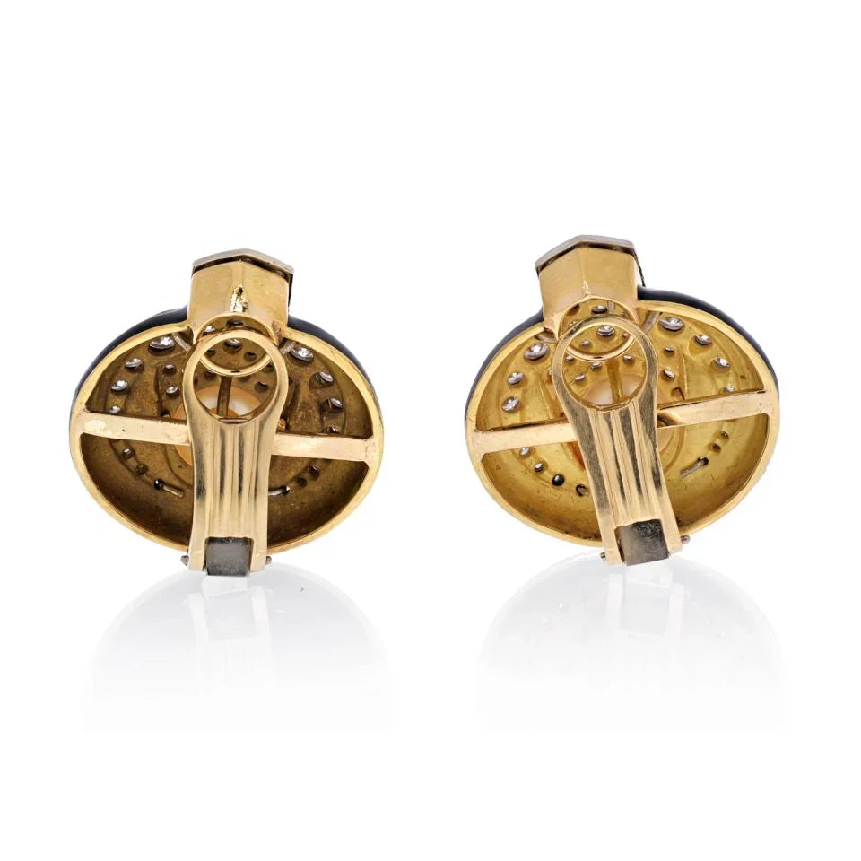 18K Yellow Gold Pearl, Diamond and Black Enamel Clip Earrings - The Back Vault