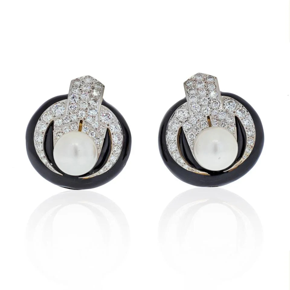 18K Yellow Gold Pearl, Diamond and Black Enamel Clip Earrings - The Back Vault