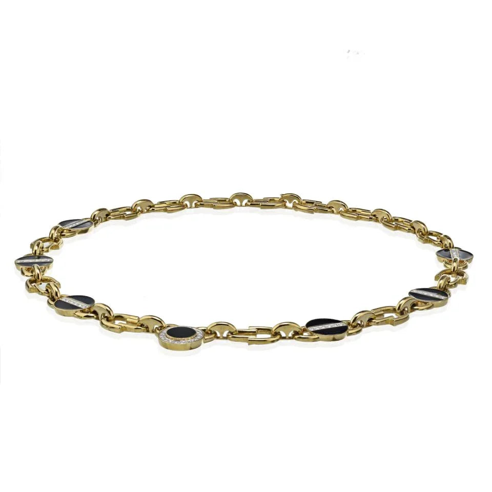 David Webb Yellow Gold Link Black Enamel Diamond Chain Necklace - The Back Vault