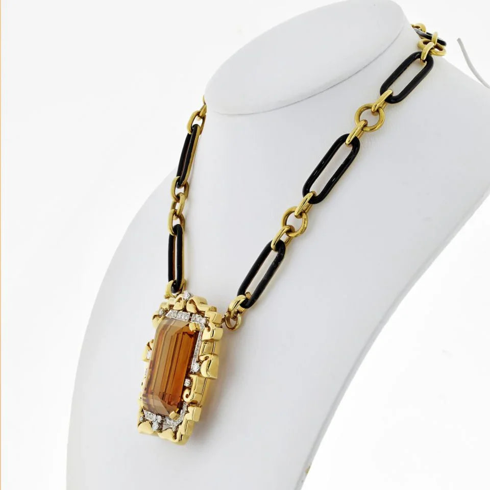David Webb Large Topaz And Diamond Pendant On A Black Enamel Link Necklace - The Back Vault