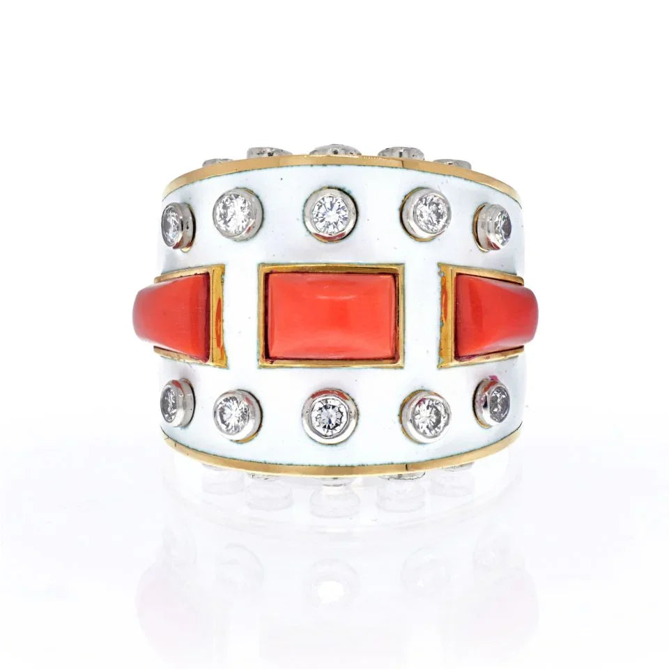 David Webb 18K Yellow Gold Bastille White Enamel Diamond And Coral Ring - The Back Vault