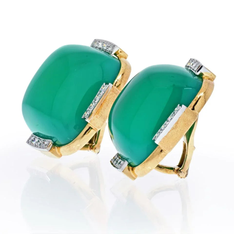 David Webb Platinum & 18K Yellow Gold Green Onyx Cabochon Earrings - The Back Vault