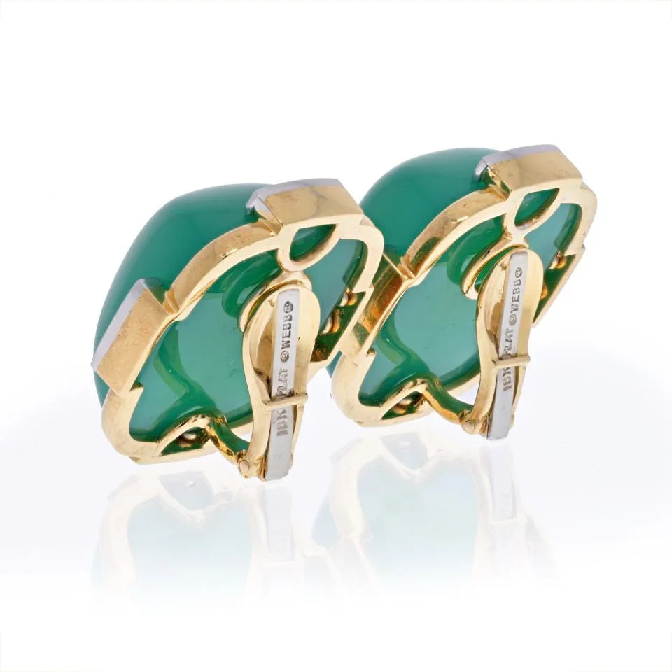 David Webb Platinum & 18K Yellow Gold Green Onyx Cabochon Earrings - The Back Vault